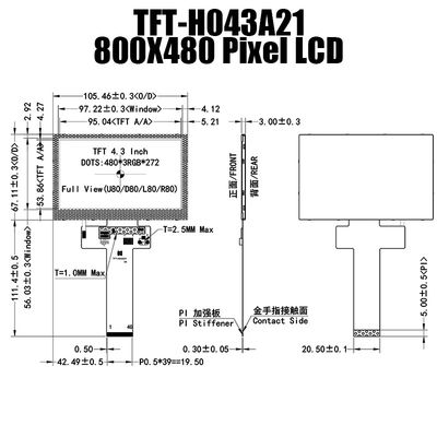 cor 480x272 luz solar TFT-H043A21WQISTKN40 legível do módulo da exposição de TFT LCD de 4,3 polegadas