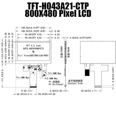 4,3 módulo legível da exposição de TFT LCD da luz solar do monitor da polegada 480x272 Pcap