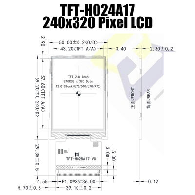 Pontos 250cd/M2 de TFT LCD 240x320 da exposição de 2,8 polegadas MCU com IC ST7789 TFT-H028A17QVTST2N37