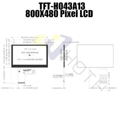 800x480 LVDS luz solar TFT-H043A13SVIST6N40 legível da exposição de TFT de 4,3 polegadas