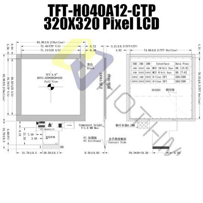 Polegada 320x320 Dots With CTP TFT-H040A12DHIIL3C40 da exposição 4 do quadrado 350cd/M2 IPS TFT LCD