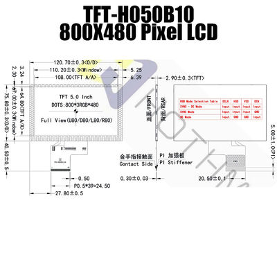 Exposição prática de um RGB TFT de 5 polegadas, exposição legível TFT-H050B10SVISTKN50 da luz solar de IC ST7262