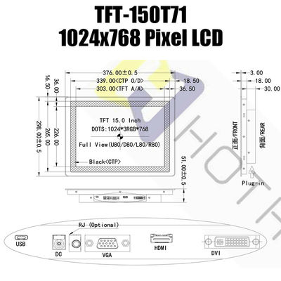 15,0 módulo da exposição do painel LCD 1024x768 IPS TFT LCD do monitor HDMI de Pcap da polegada